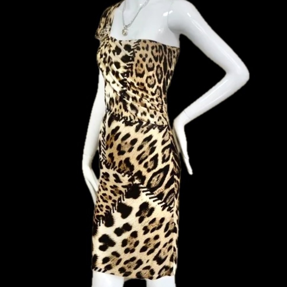 ๐ฎ๐น Roberto Cavalli Brown Animal Print Brooch Detail One Shoulder Dress Size 4 - Picture 3 of 15